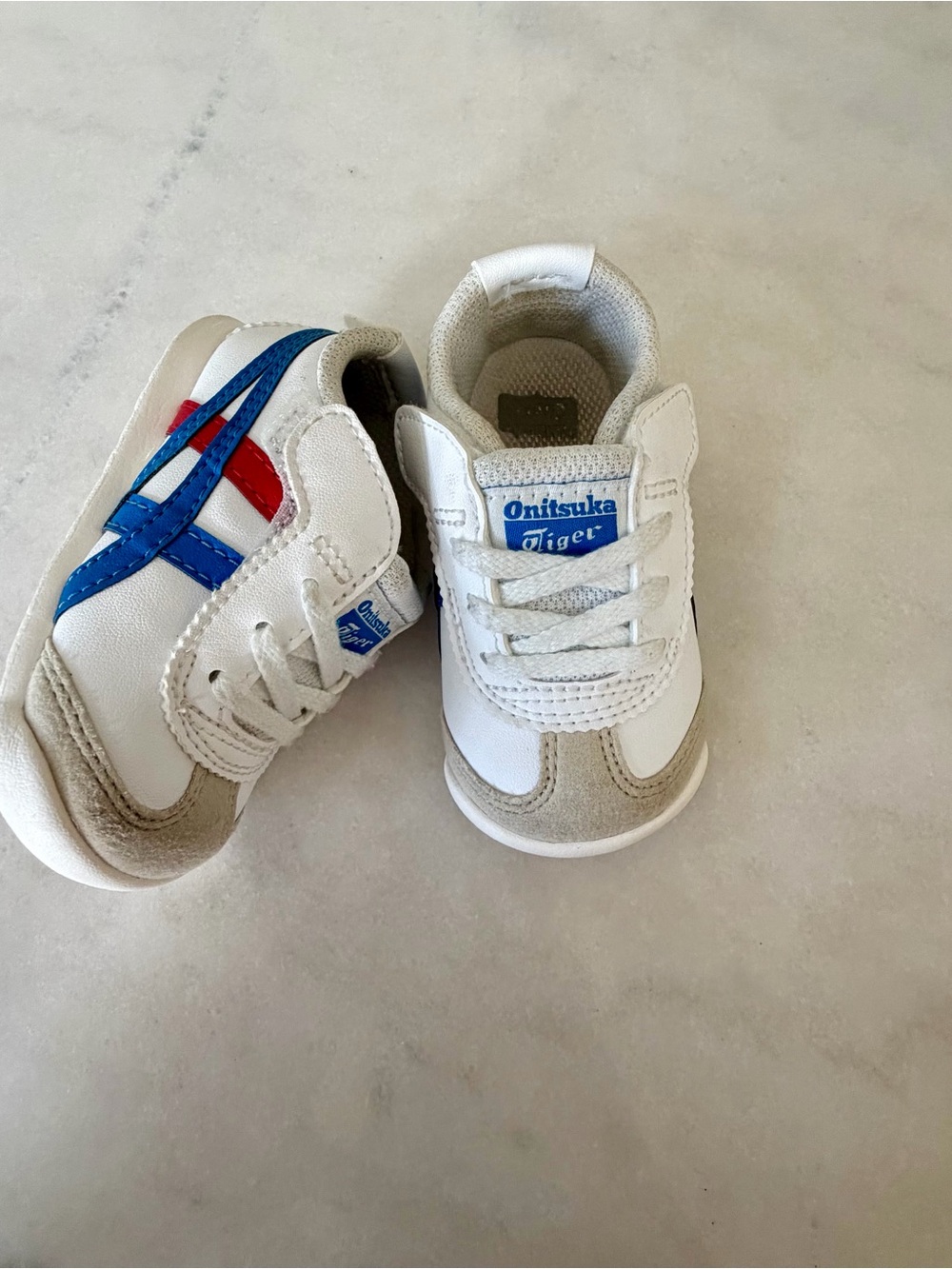 Onitsuka Tiger by Asics White Kids Sneakers with Blue & Red Stripes